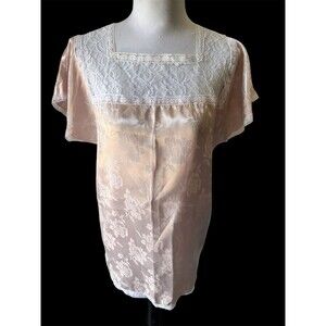 Vtg Gunne Sax Short Chemise Pink Satin Lace Cottagecore Jacquard Roses Sz PM